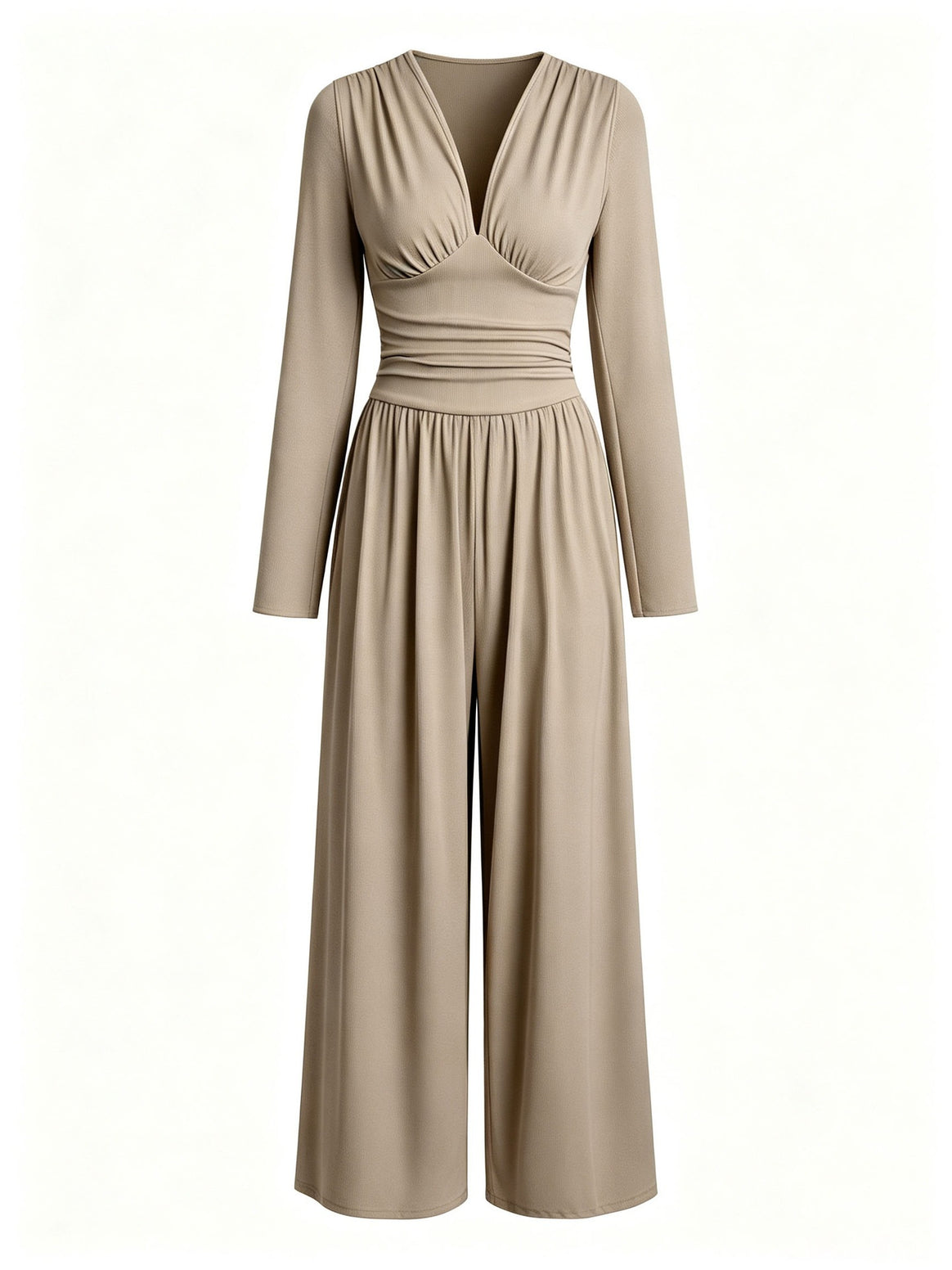 Ladies Elegant V-Neck Jumpsuit with Fitted Wrap Waist and Wide Leg Mune Fashion