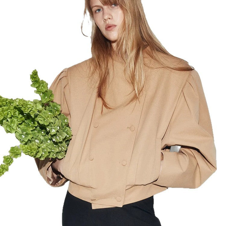 Women's short jacket in a boxy cropped cut with double button placket and structured shoulder pleats Mune Fashion