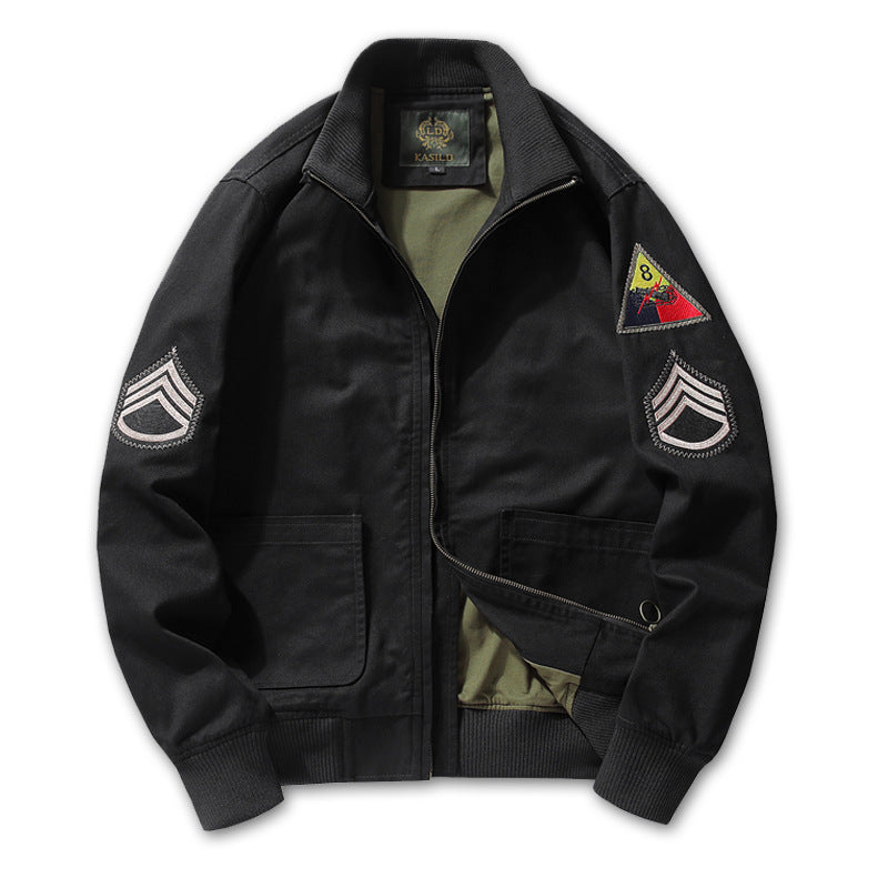 Men's Cotton Canvas Bomber Jacket with Embroidered Patches and Stand-Up Collar Mune Fashion
