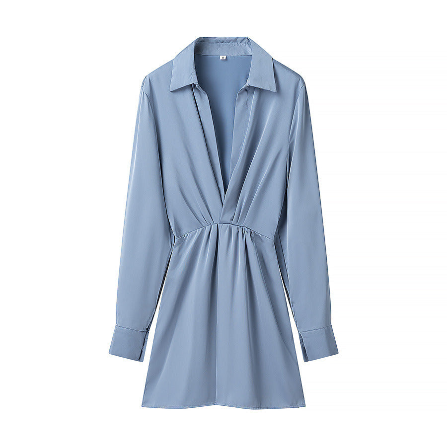 Women's fitted shirt mini dress with deep V-neck, gathered waistband and cuffed sleeves Mune Fashion