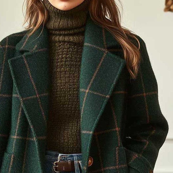 Women's checked wool blend coat with lapel collar, patch pockets, and tailored silhouette Mune Fashion
