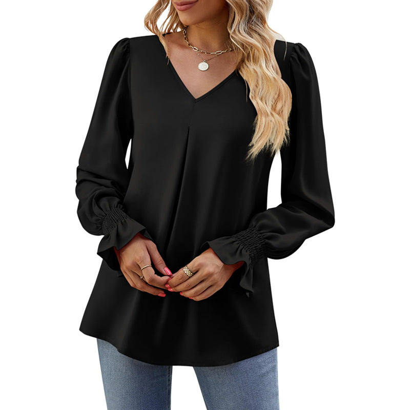Women's V-neck blouse with pleat and gathered cuffs Mune Fashion