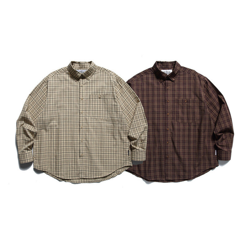 Men's Oversized Checkered Button-Down Shirt with Chest Pocket and Rounded Hem Mune Fashion