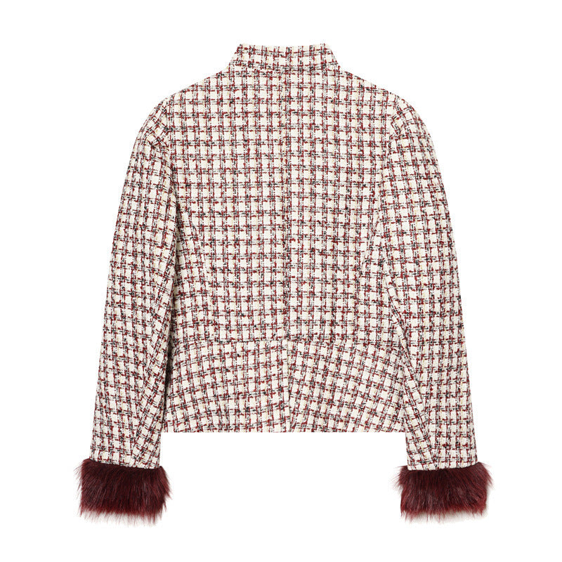 Women's Short Blazer made of Boucle Tweed with Stand-Up Collar and Faux Fur Cuffs Mune Fashion