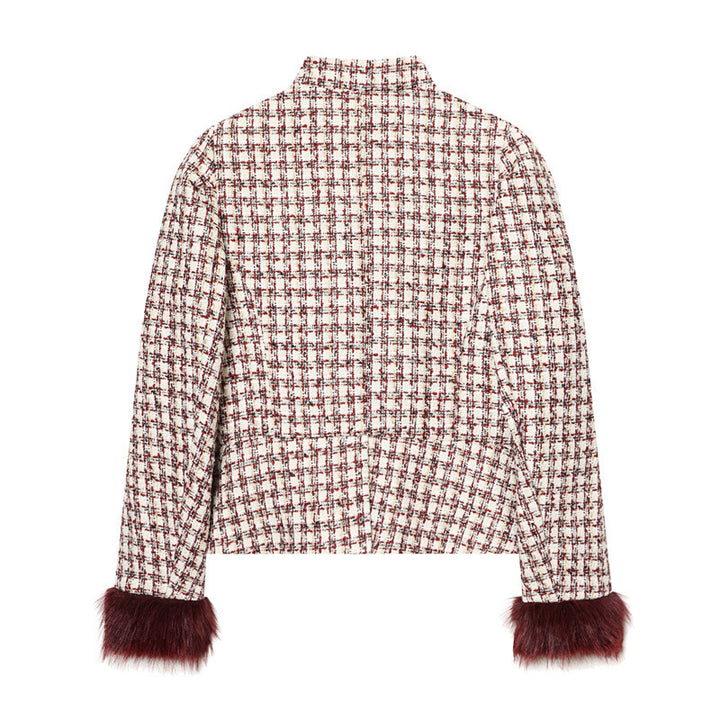 Women's Short Blazer made of Boucle Tweed with Stand-Up Collar and Faux Fur Cuffs Mune Fashion