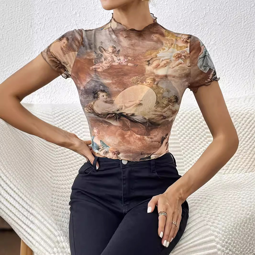 Women nan figure-hugging transparent mesh top with baroque angel print, stand collar and ruffled hem Mune Fashion