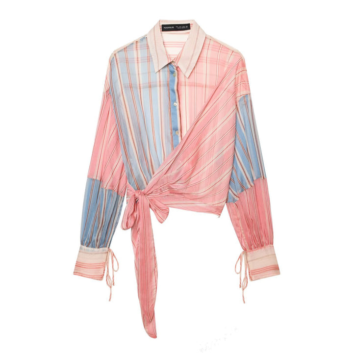 Women's Striped Wrap Blouse with Knot Waist and Gathered Balloon Sleeves Mune Fashion