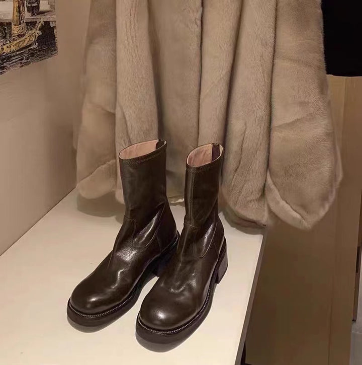 Women Mid-Calf Stretch Leather Boots with Round Toe and Profiled Platform Sole Mune Fashion