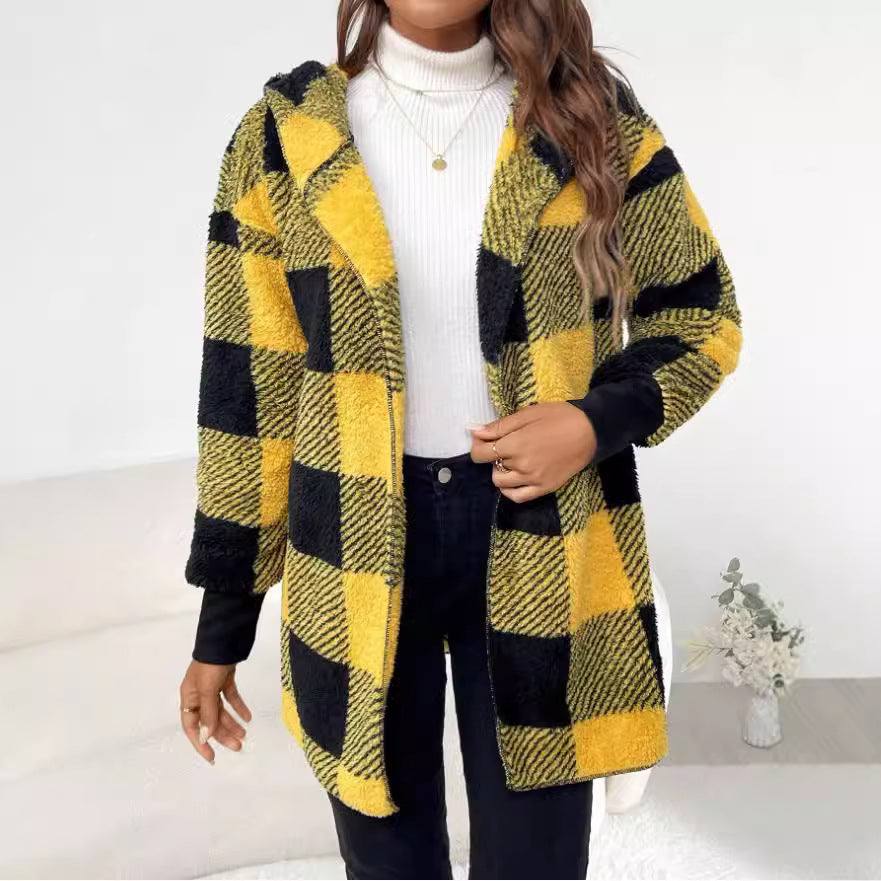 Women's checked teddy coat with large lapel collar and ribbed cuffs Mune Fashion