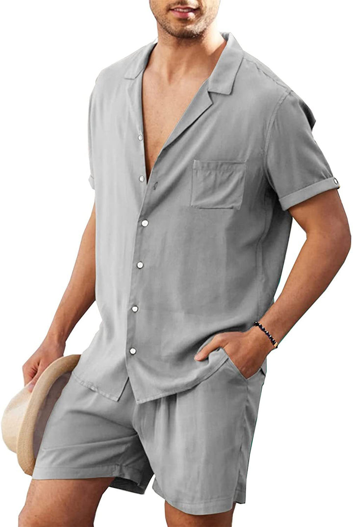 Men's two-piece summer casual ensemble with open collar shirt and elastic shorts Mune Fashion