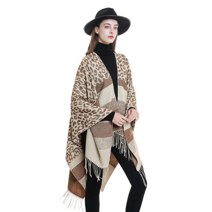 Women's Oversized Ruana with Leo Jacquard, fringes, and soft wool blend Mune Fashion