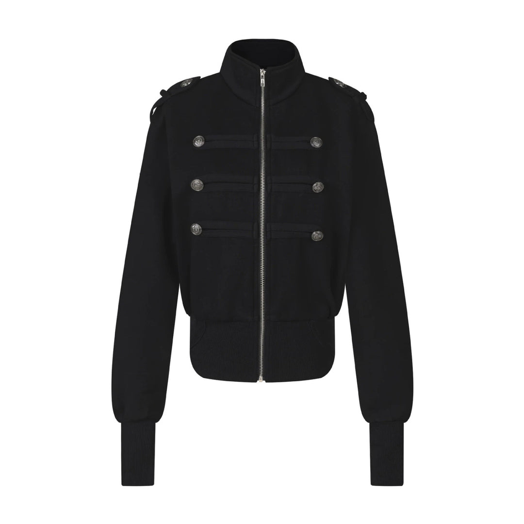 Women's Short Sweat Jacket in Military Style with Stand-Up Collar and Decorative Patches Mune Fashion