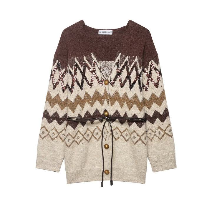 Women's knit cardigan with zigzag jacquard, sequin trim and waist belt Mune Fashion