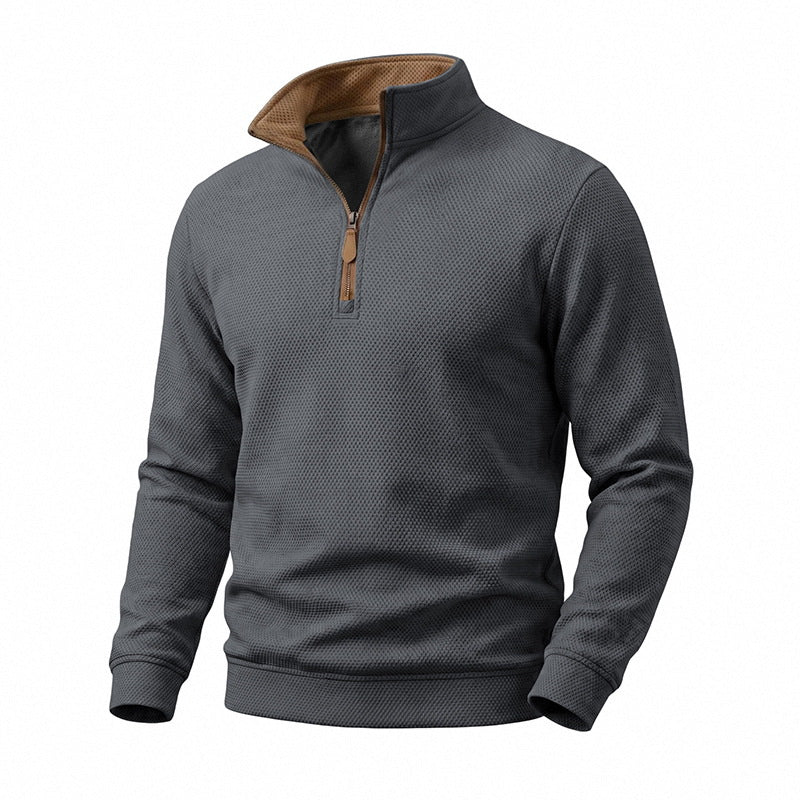 Men's Half-Zip Pullover with Waffle Texture and Contrast Collar Mune Fashion