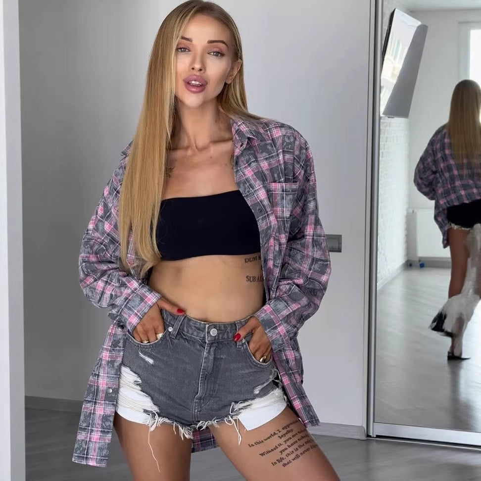 Women Oversized Checked Shacket-Shirt Jacket with Snap Button Closure and Rounded Hem Mune Fashion