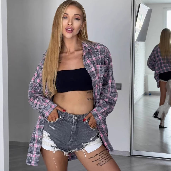 Women Oversized Checked Shacket-Shirt Jacket with Snap Button Closure and Rounded Hem Mune Fashion