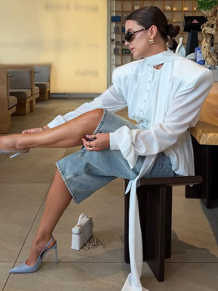 Women's Elegant Blouse with Bow Tie Collar, Emphasized Shoulders, and Long Ties Mune Fashion