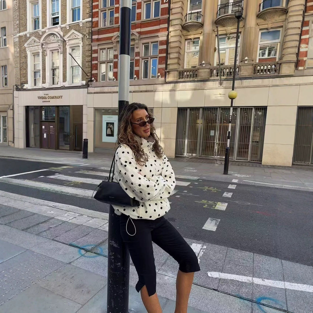 Women's Polka Dot Cropped Transition Jacket with Stand Collar, Drawstring, and Zipper Mune Fashion