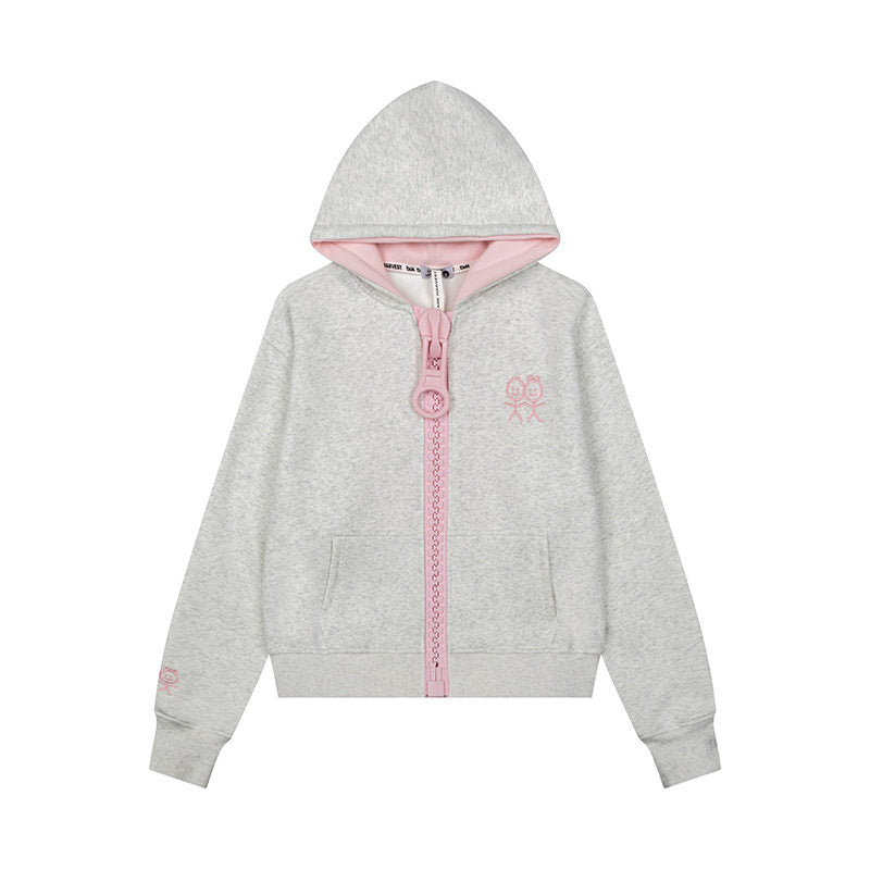 Women's Hoodie Sweat Jacket with Oversized Zipper and Minimalist Embroidery Mune Fashion