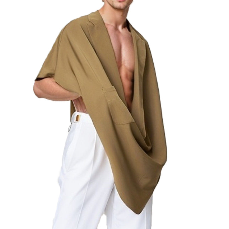 Women's Cape Blazer with shawl collar, open front, patch pocket, and pointed hem Mune Fashion