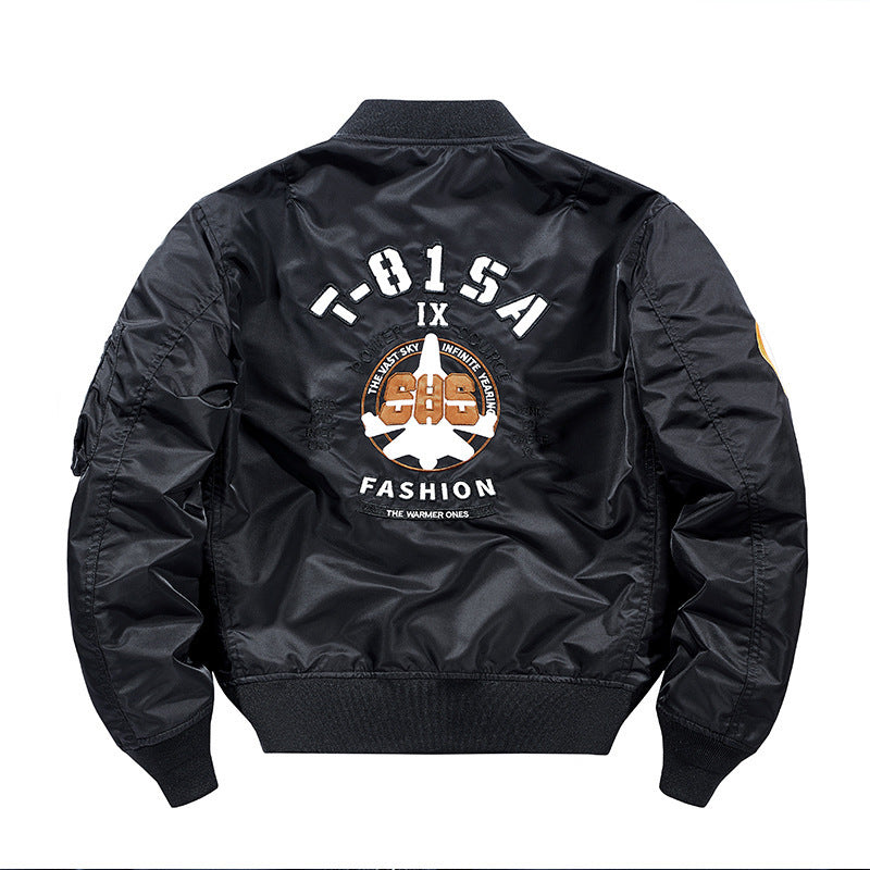 Men's lightweight pilot bomber jacket with badge appliqués, arm pocket, and ribbed cuffs Mune Fashion