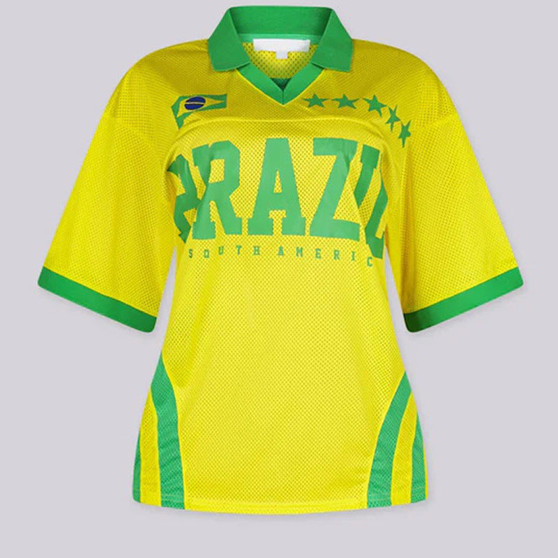 Ladies retro sporty soccer jersey with V-neck and breathable mesh Mune Fashion