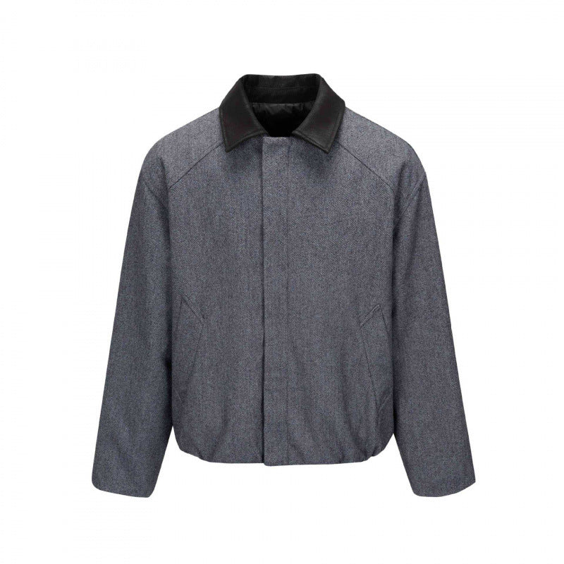 Men's short jacket in herringbone wool blend with leather collar and concealed closure Mune Fashion