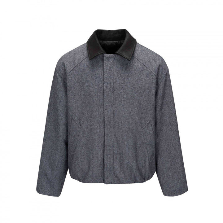 Men's short jacket in herringbone wool blend with leather collar and concealed closure Mune Fashion