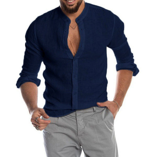 Men's linen shirt with stand-up collar, continuous button placket, and casual slim-fit cut Mune Fashion