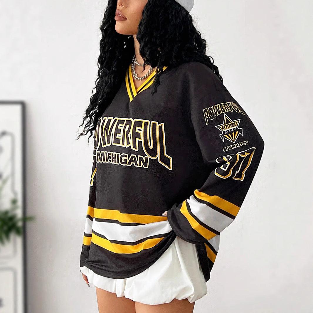 Women’s Casual Oversized Sweatshirt in Hockey Look with V-Neck and Block Stripes Mune Fashion