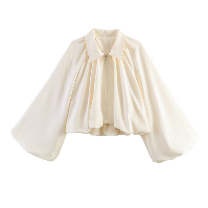 Women’s short-cut blouse jacket with wide balloon sleeve and zipper Mune Fashion