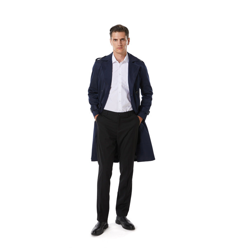 Men's Knee-Length Trench Coat in Classic Double-Breasted with Shoulder Straps and Waist Belt Mune Fashion