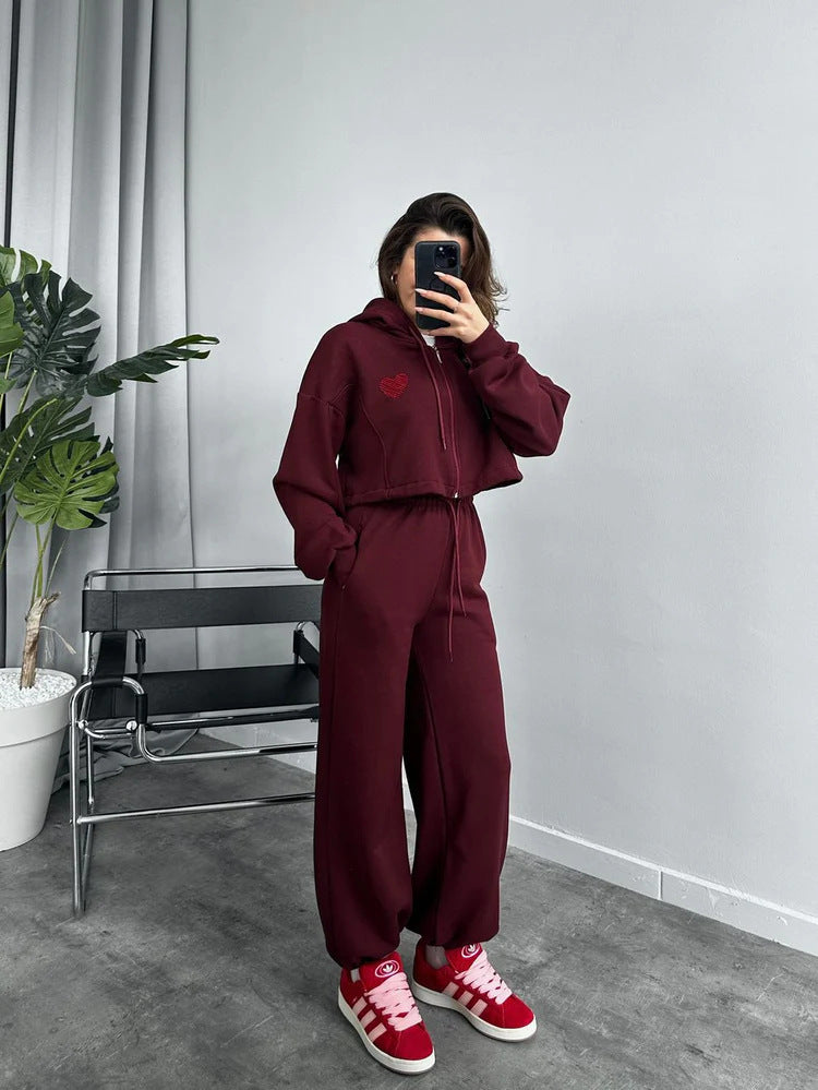 Ladies Cropped Hooded Zip Set with Heart Embroidery and Wide High-Waist Jogging Pants Mune Fashion