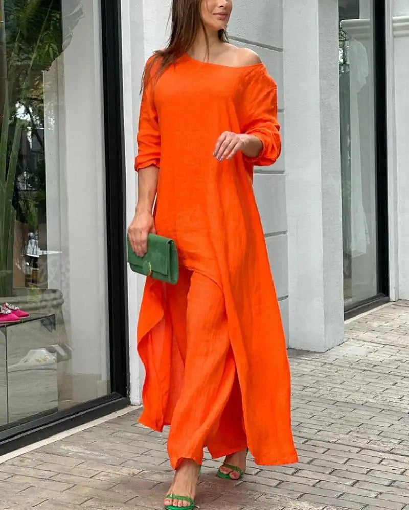 Women's oversized linen two-piece set with asymmetrical tunic and loose Marlene pants Mune Fashion