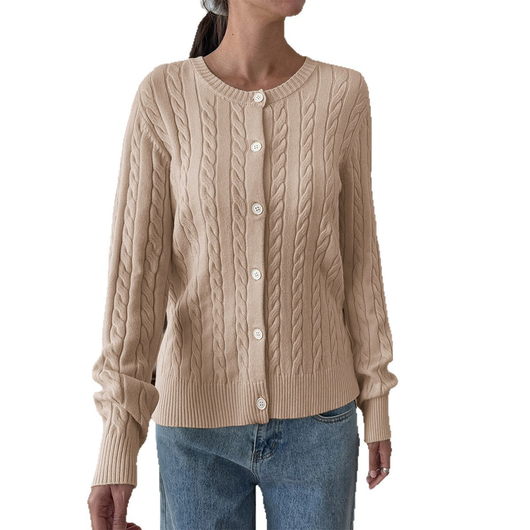 Women's cable knit cardigan with round neckline, button placket and ribbed hem Mune Fashion