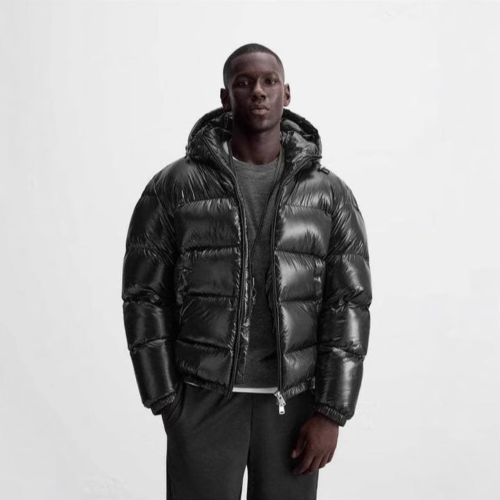 Women nan shiny quilted jacket with hood padded thermal filling and straight comfort cut Mune Fashion