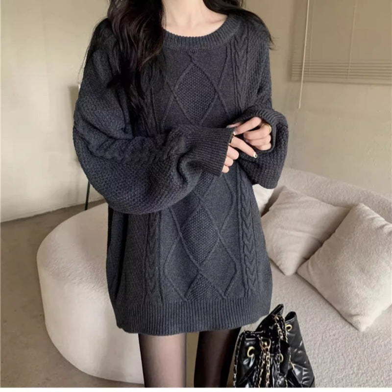 Women Oversize Cable Knit Long Sweater with Round Neck and Balloon Sleeves Mune Fashion