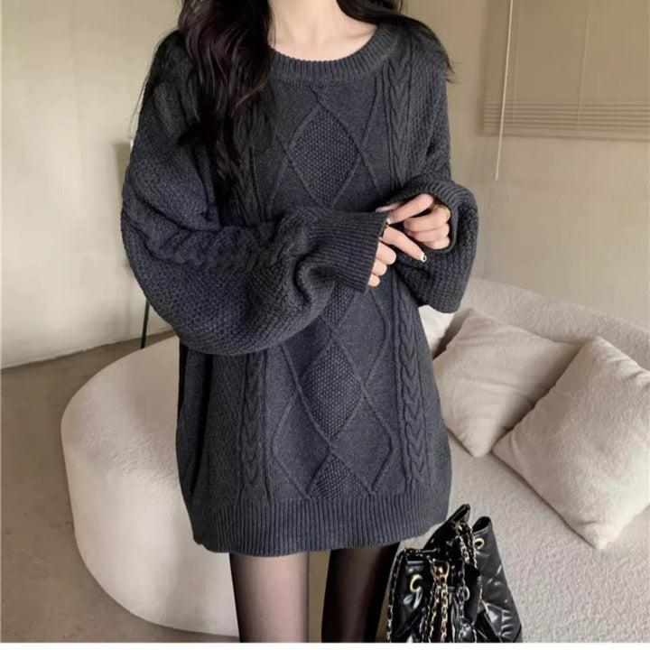 Women Oversize Cable Knit Long Sweater with Round Neck and Balloon Sleeves Mune Fashion