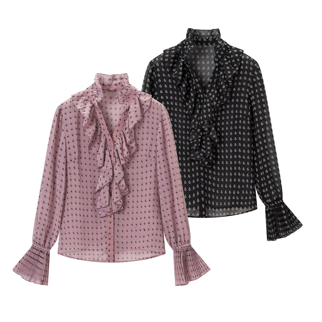 Women's chiffon blouse with ruffled collar, tie scarf and pleated bell sleeves Mune Fashion