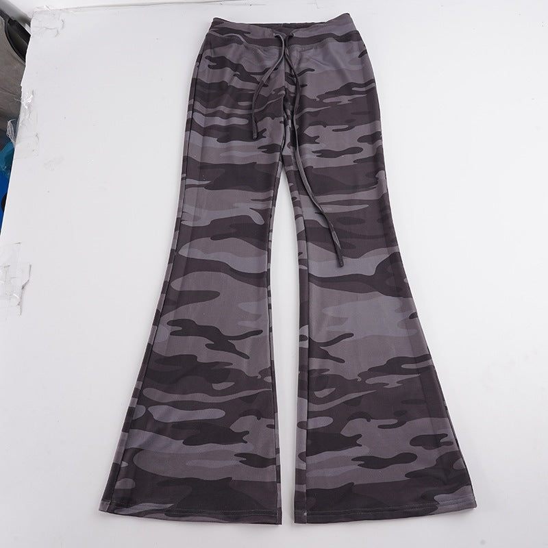 Women Soft Flare Pants in Camouflage Pattern with Drawstring and High Waist Mune Fashion