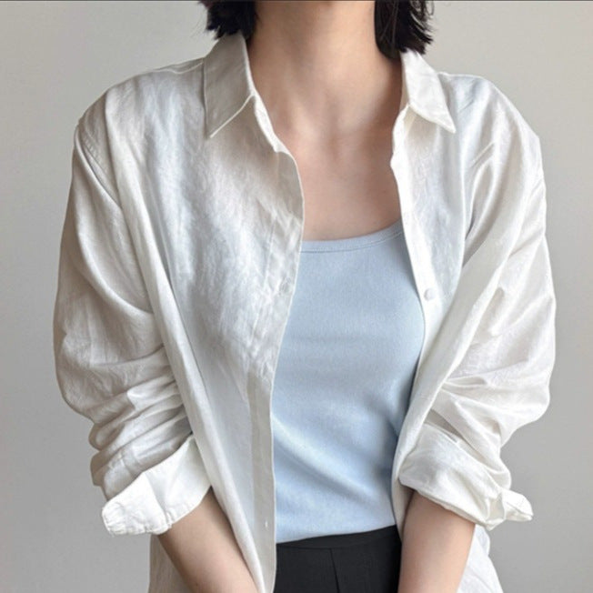 Women Loose Linen Shirt with Boxy Silhouette, Turned-up Cuff and Kent Collar Mune Fashion