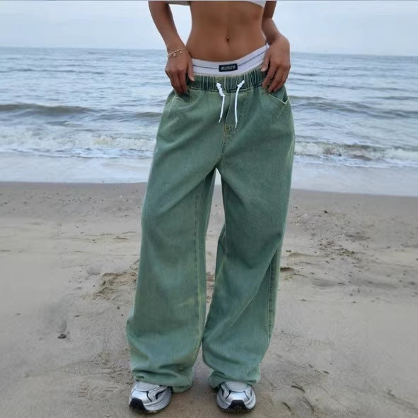Women's Wide Vintage Denim Pants with Elastic Drawstring Waist and Floor-Length Baggy Cut Mune Fashion
