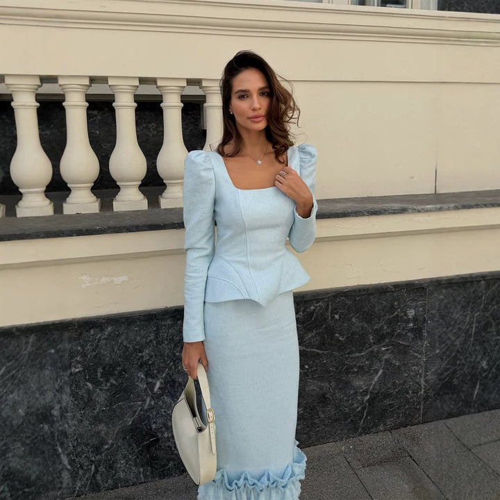 Ladies two-piece tailored ensemble with square neckline and flounce midi skirt Mune Fashion