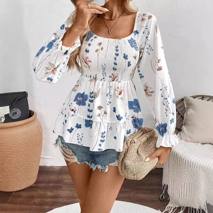 Women's nan smoke top with square neckline, tiered ruffle and balloon sleeves Mune Fashion