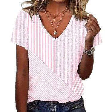 Women striped V-neck blouse with asymmetrical stripe mix and short sleeves Mune Fashion