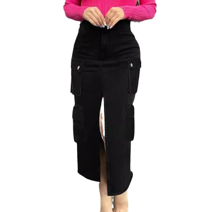 Ladies High-Waist Cargo Denim Midi Skirt with Front Slit Mune Fashion