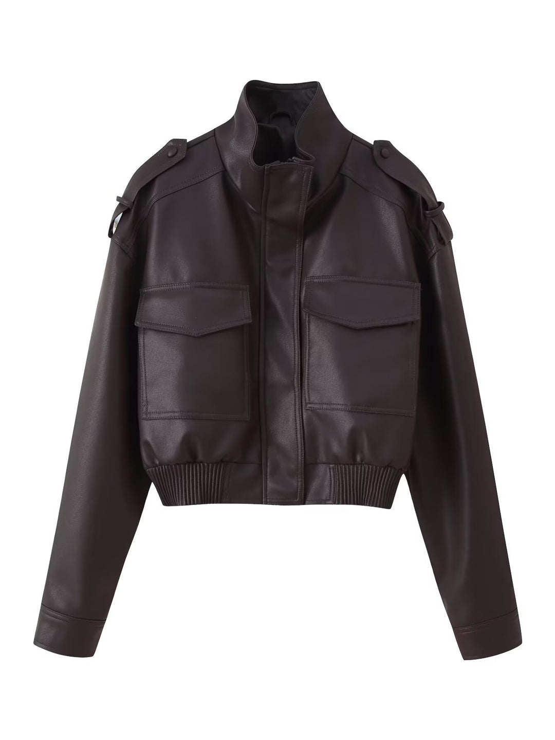 Women Short Fitted Leather Look Bomber Jacket with Stand-Up Collar, Shoulder Epaulettes and Patch Pockets Mune Fashion