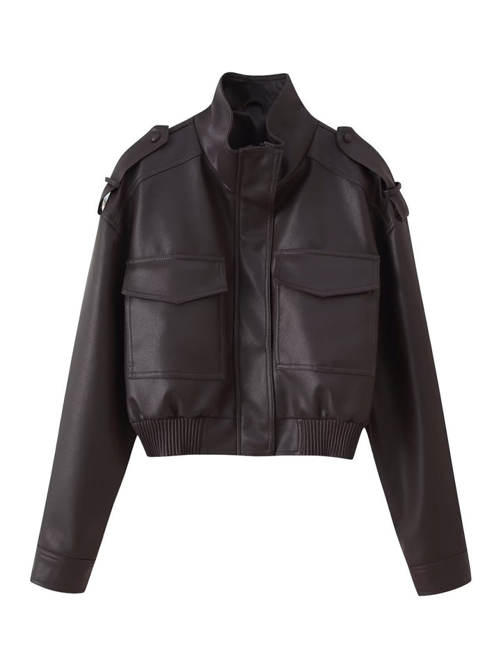 Women Short Fitted Leather Look Bomber Jacket with Stand-Up Collar, Shoulder Epaulettes and Patch Pockets Mune Fashion