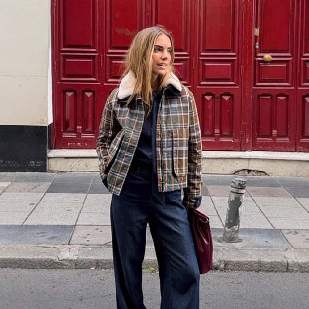 Women's Short Blouson in Check Pattern with Padded Lining and Teddy Collar Mune Fashion