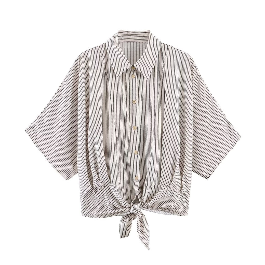 Women Striped Oversize Blouse with Kimono Sleeves and Knot Front Mune Fashion